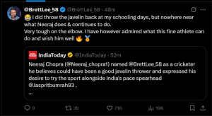 Brett Lee Reacts Humorous After Neeraj Chopra Suggests He Could Have Excelled at Javelin