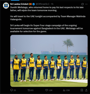 Dunith Wellalage to Rejoin Sri Lanka Squad After Father's Passing; Set for Super Four Clash
