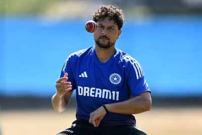 Kuldeep Yadav prepares during a net session in Birmingham