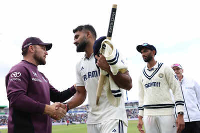 Akash Deep and Brendon McCullum shake hands after India's dominant victory.