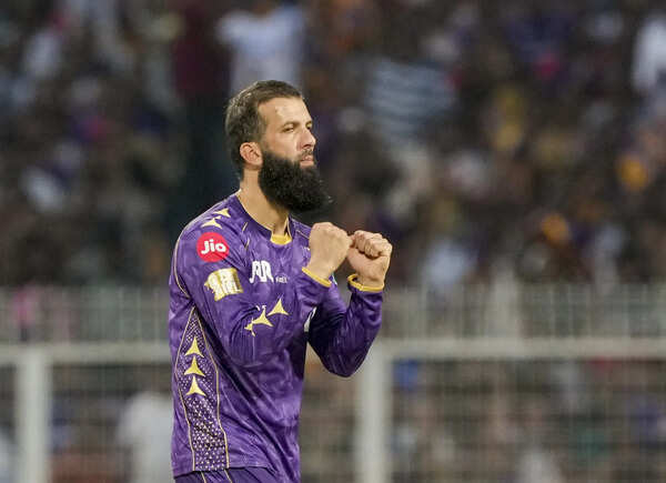 Kolkata: Kolkata Knight Riders' Moeen Ali celebrates the wicket of Rajasthan Roy...