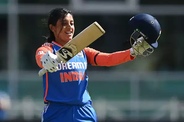 Smriti Mandhana celebrates her maiden T20I century against England